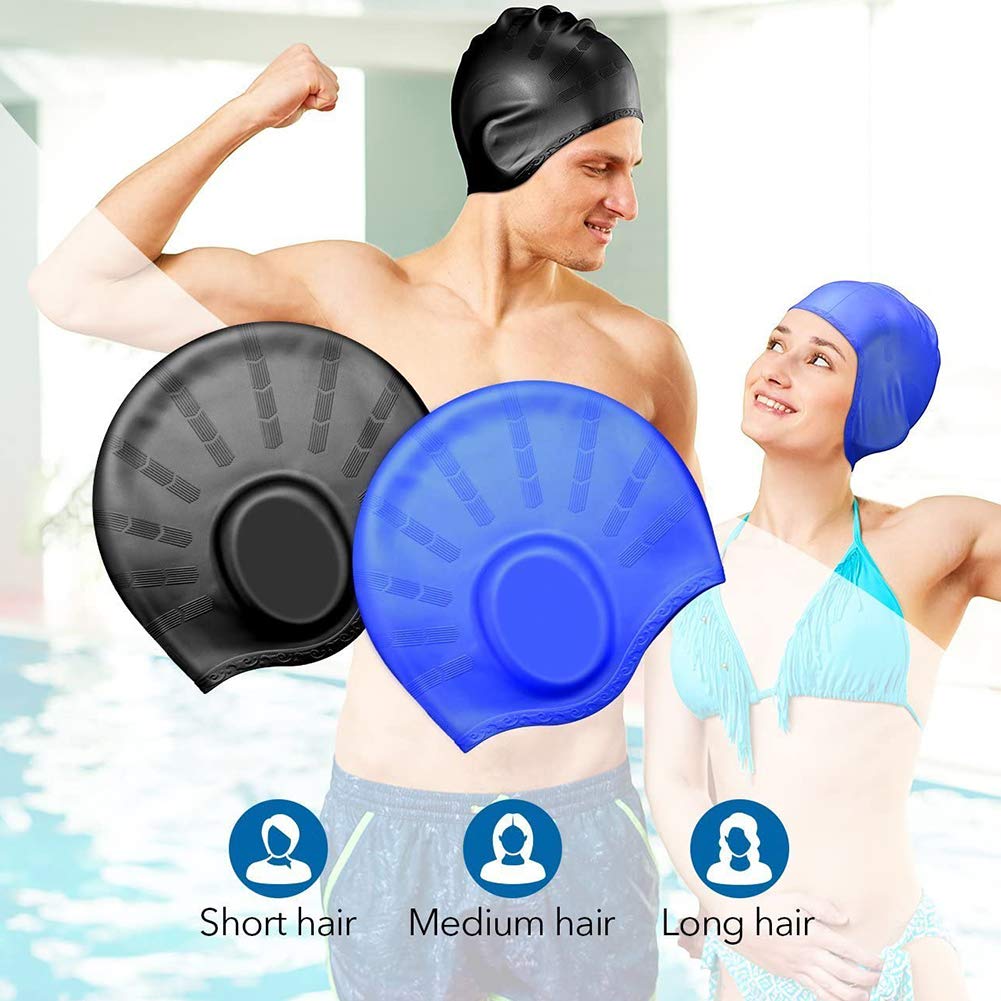 Bonnet De Bain Silicone étanche Avec Bouchons D'oreille - 3D, Protection Cheveux Et Oreilles - Lot De 3 Couleurs (bleu, Noir, Rose)