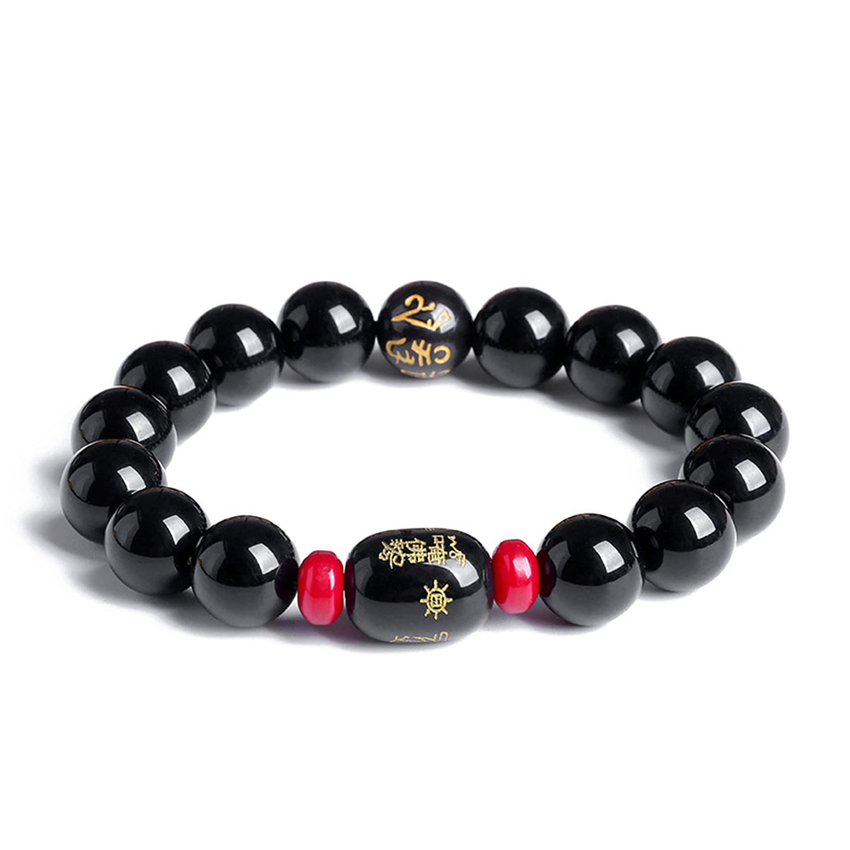 Nzpost 12Mm Black Obsidian Bracelet,Six-Character Mantra Black Bracelet Natural Black Obsidian Bead Ward-Off E