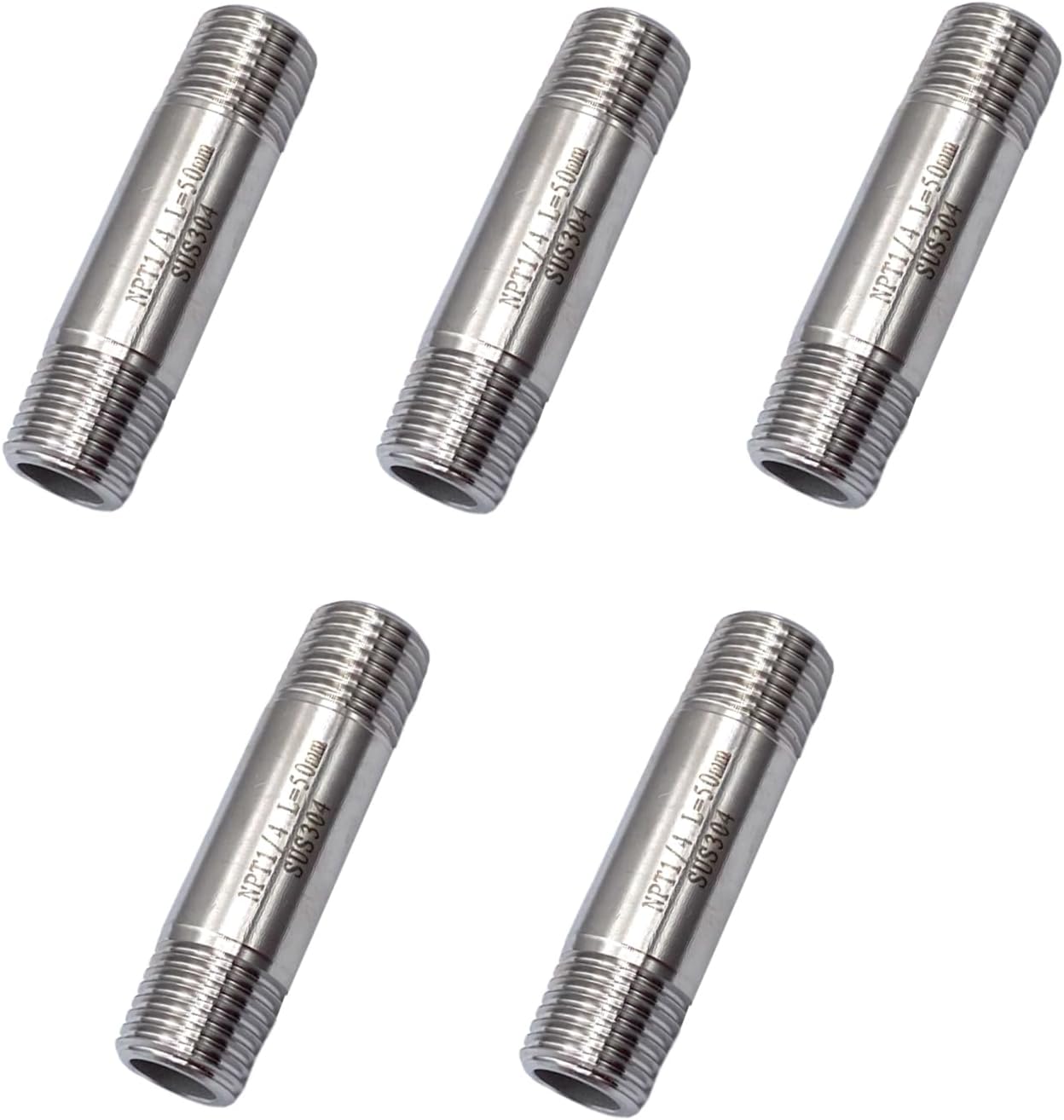 5 Pcs 1/4" NPT x 1/4" NPT Male Thread Nipples Stainless Steel Threaded Long Coupling Pipe Fittings for Water, Oil, Air,Fuel, Plumbing or Industrial Project (Length=50mm/1.97 Inch)