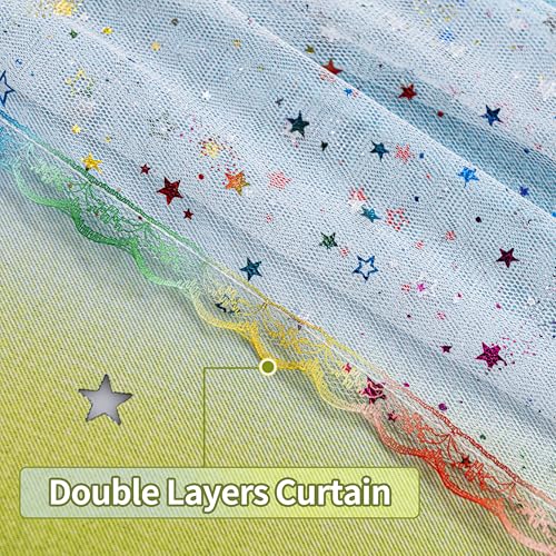 Image of 52x108 Mix & Match Double Layer Laser-Cut Stars Gradient Blackout Curtains with Foil Print Sheer, 2 Panels Set - Green Yellow Blue