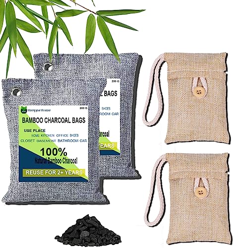 Charcoal Bags, Bamboo Bags 4 pack, 2x200g+2x100g Air Purifier And deodorize, Charcoal Air Purifying Bags for Bedroom, Car, Fridge