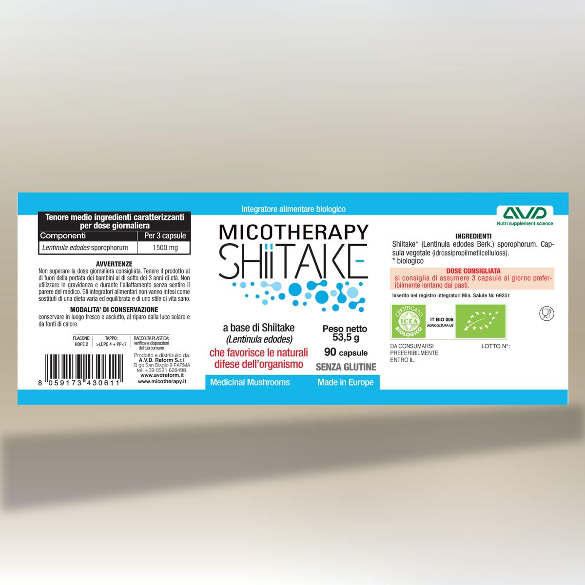 AVD REFORM | Micotherapy Shiitake – Integratore con Shiitake (Lentinula edodes) da coltivazione biologica per vitalità e difese naturali – 90 capsule – Prodotto in Italia