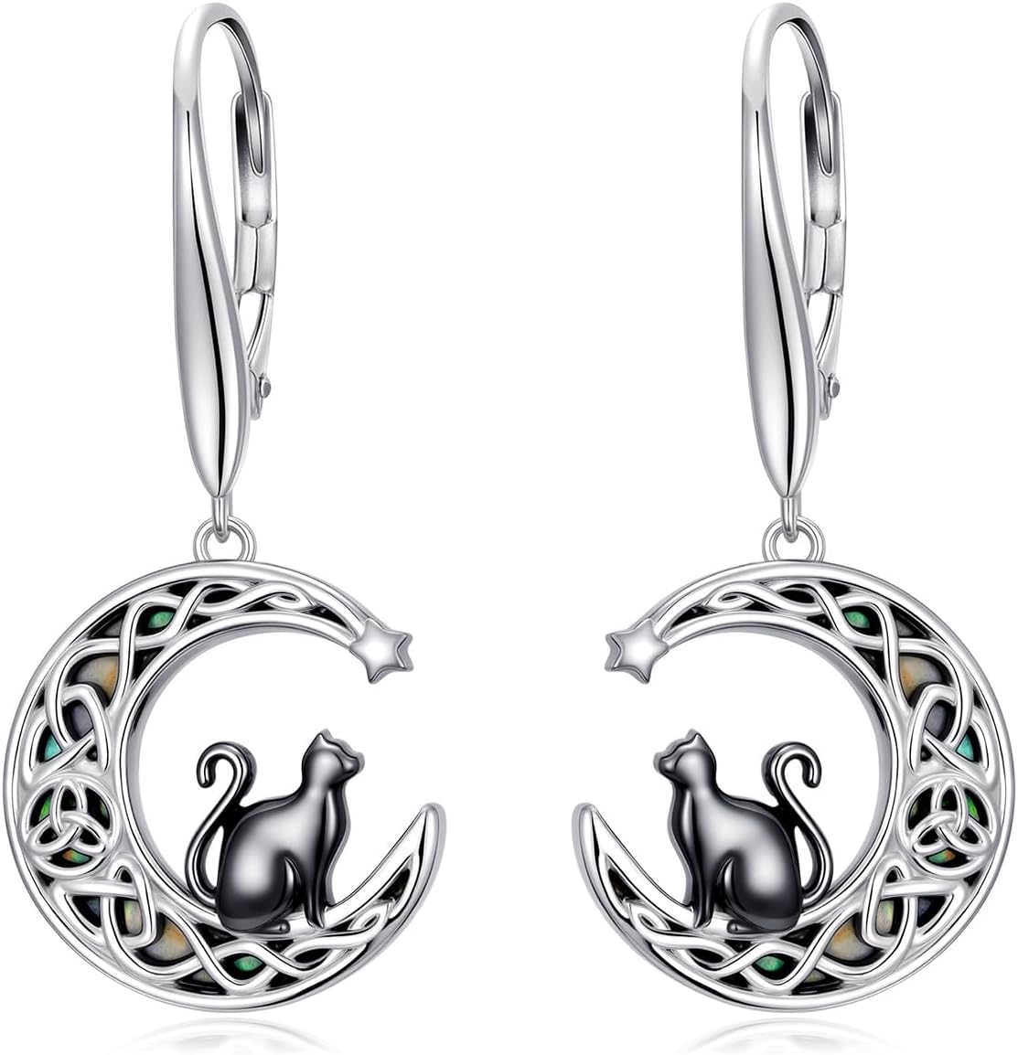 Abalone Black Cat/ Panda/Koala/Sloth/Fox/Wolf Earrings for Women Sterling Silver Leverback Cute Animal Celtic Knot Dangle Drop Earrings Jewelry Gifts for Women Cats Lover Giftss Daughter Sister Her