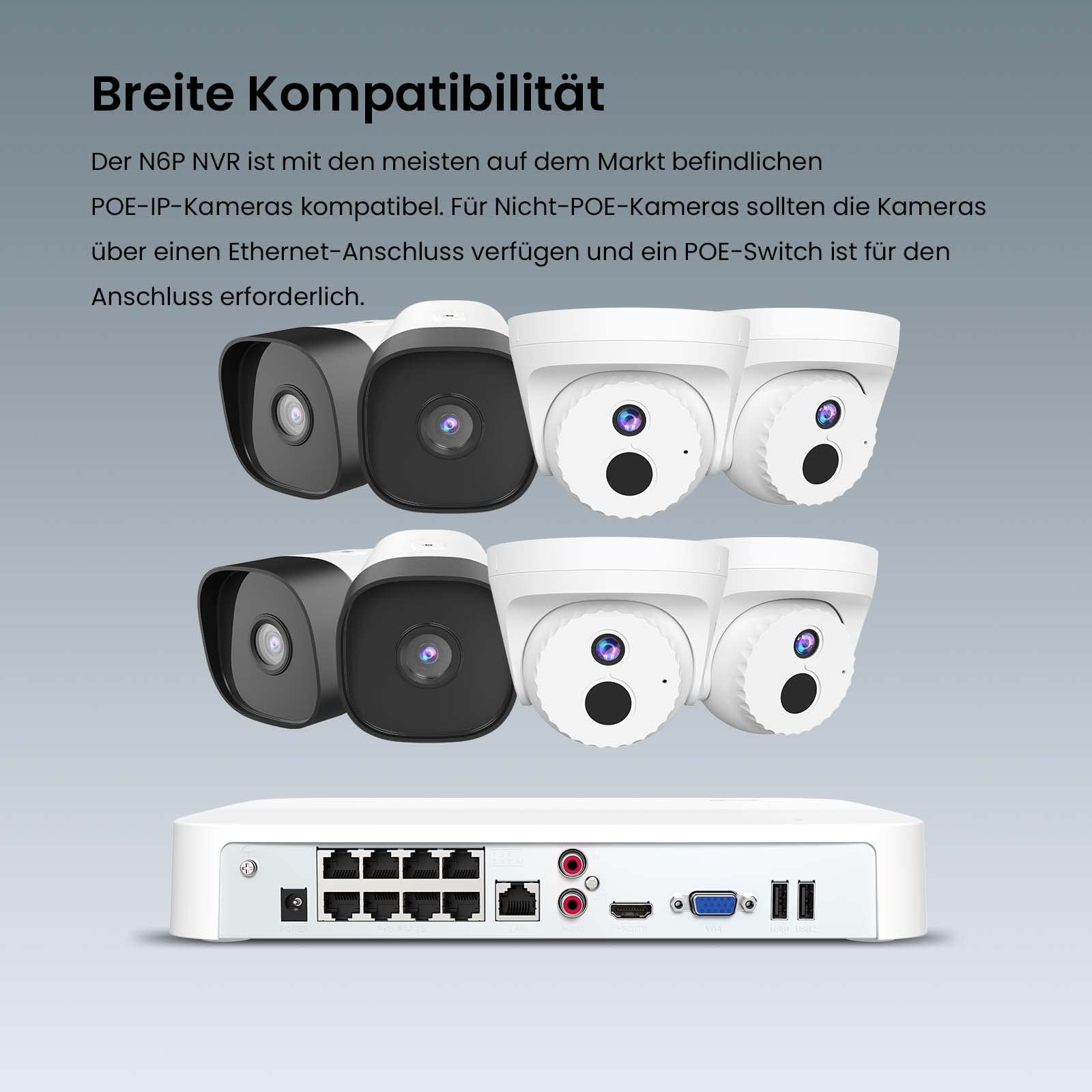 Tenda NVR Überwachungssystem Rekorder 4K, 8CH PoE NVR Recorder, 250m Langstreckenübertragung, H.265+, Plug und Play, HDD(bis zu 10TB)/Cloud Storage, 4KV Blitzschutz, APP Fernüberwachung, N6P-8H