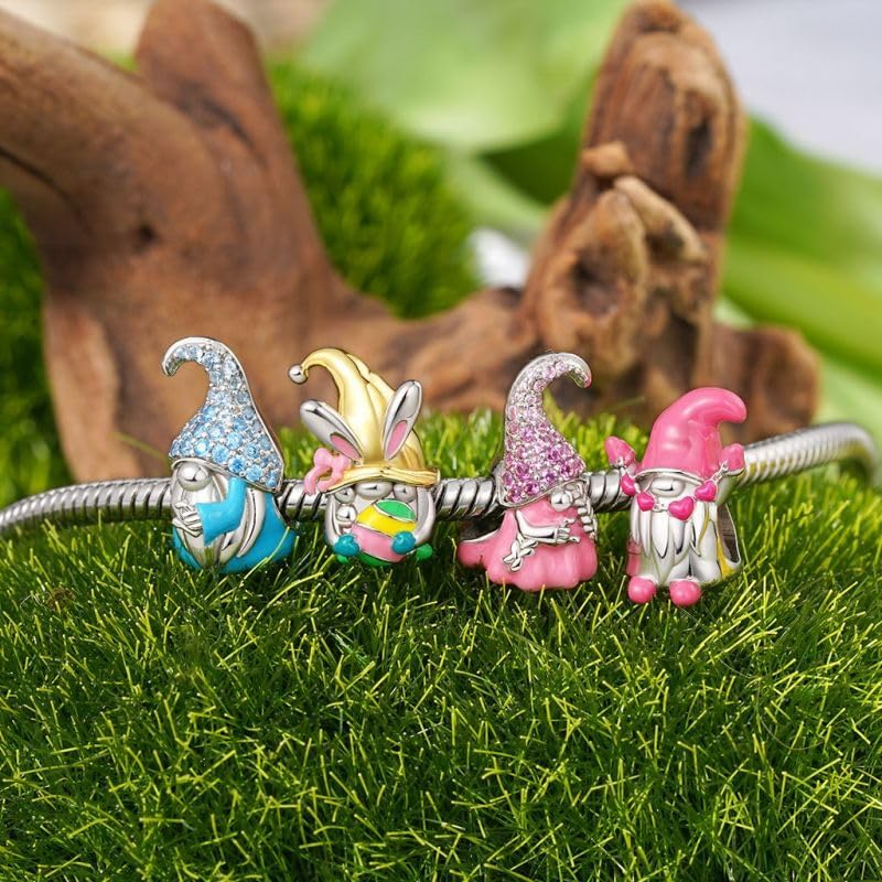 GNOCE Valentines Day Pink Heart Gnome Charm Bracelet for Women, S925 Sterling Silver Pendant Charm for Women Wife, Valentine‘s Day, Mother’s Day Jewelry