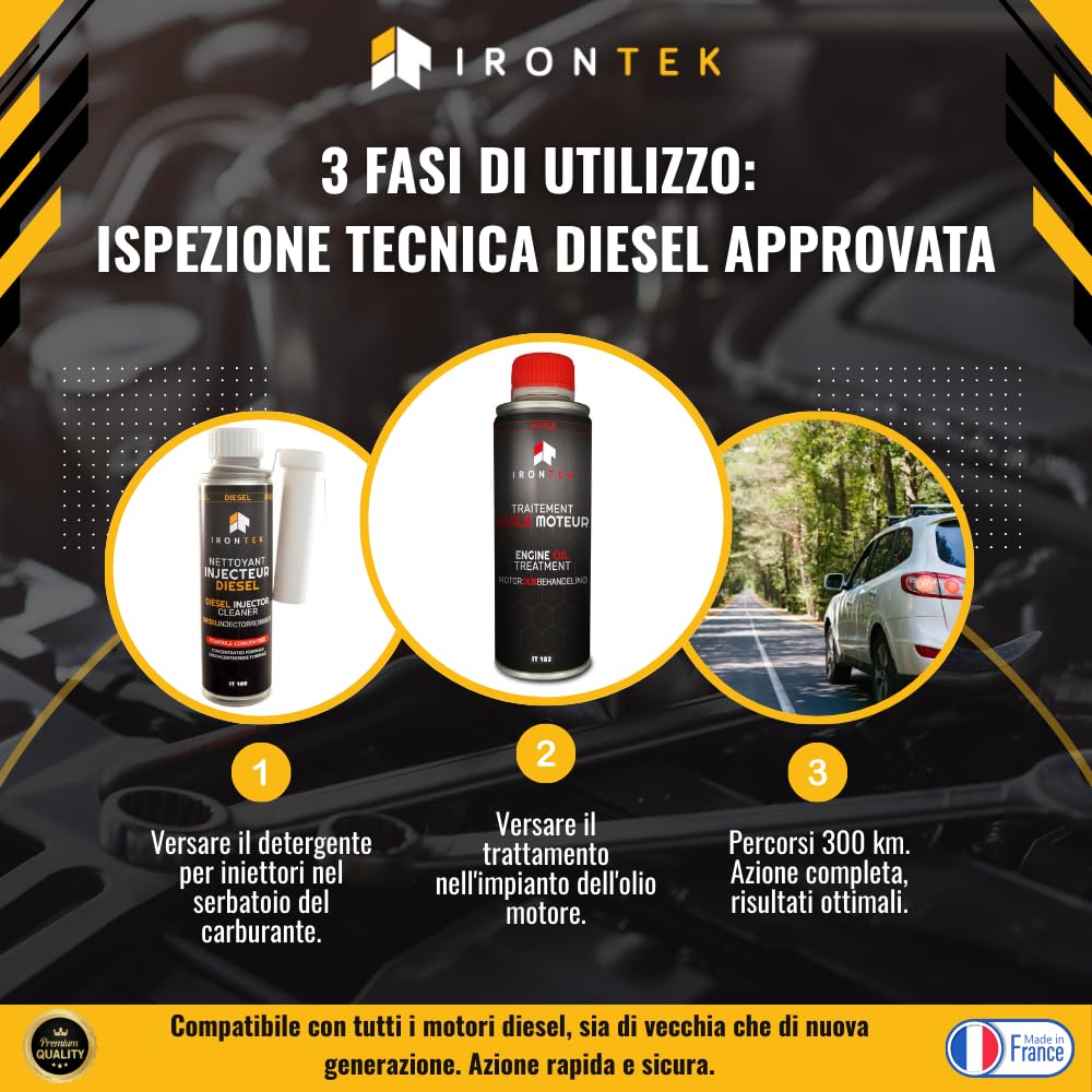 Kit Additivo Diesel Pass Controllo Tecnico - IRONTEK - 2x300ml | IT205 | Pulitore Iniettori | Trattamento Olio Motore | Riduce Emissioni | Azione in 300 km