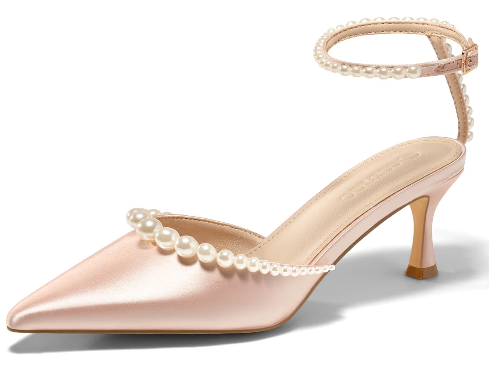 Coutgo Womens Pearl Kitten Heels Closed Pointed Toe Wedding Bride Dress Shoes Ankle Strap Satin Pumps