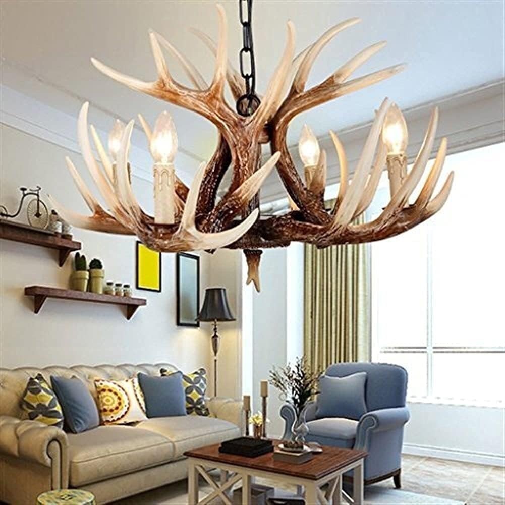 FSunKoFu Deer Antler Chandelier Rustic Resin Farmhouse Candle Style Retro Nostalgia Led Lights Clothing Store Creative Personality