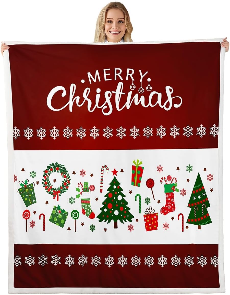 Merry Christmas Kids Flannel Blanket,Red White Stripes Xmas Fuzzy Blanket for Children,Green Pine Gifts Candy Print Polyester Throw Blanket for Couch, Twin Size (60 x 80 Inch)