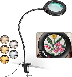 VEEMAGNI 10X Magnifying Glass with Light and Clamp, 23" Gooseneck 5 Color Modes Stepless Dimmable LED Desk Lamp, Real Glass Table Lighted Magnifier Hands Free for Craft Painting Sewing Close Work