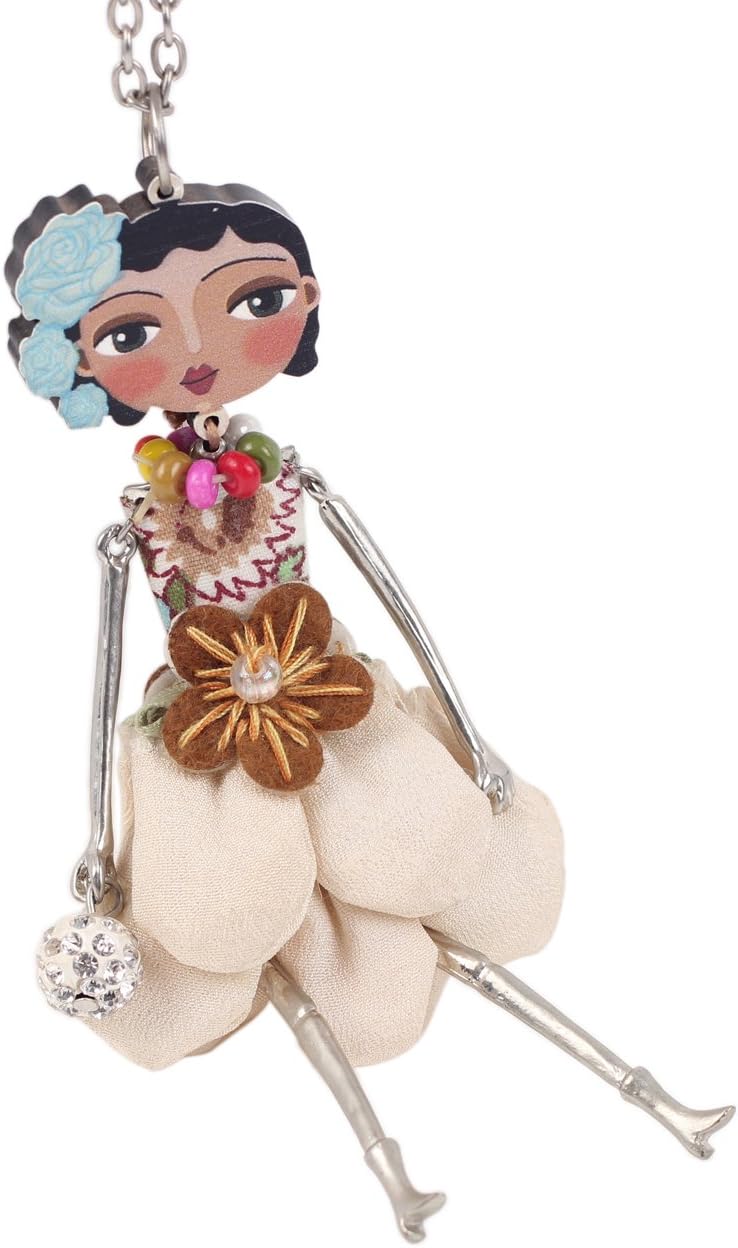 BONSNY Handmade Floral Paris Doll Necklace, Fabric Dress with Flower Pattern, Silver Chain, Fashion Statement Pendant Jewelry - Image 2