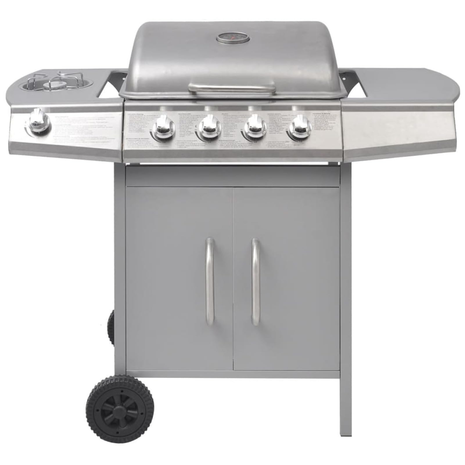 IKAYAA Barbecue e Griglia a Gas 4+1Barbecue a Gas con 4 Fuochi Multifunzione Completo di Bruciatore Laterale Coperchio, Termometro, Griglia in Ghisa, Ruote E Struttura-Argento-Tipo 1