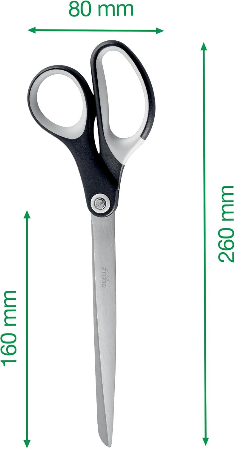 Leitz Titanium Scissors, Right or Left Handed (Ambidextrous), 260 mm, Office Stationary, Ergonomic Handle, Black