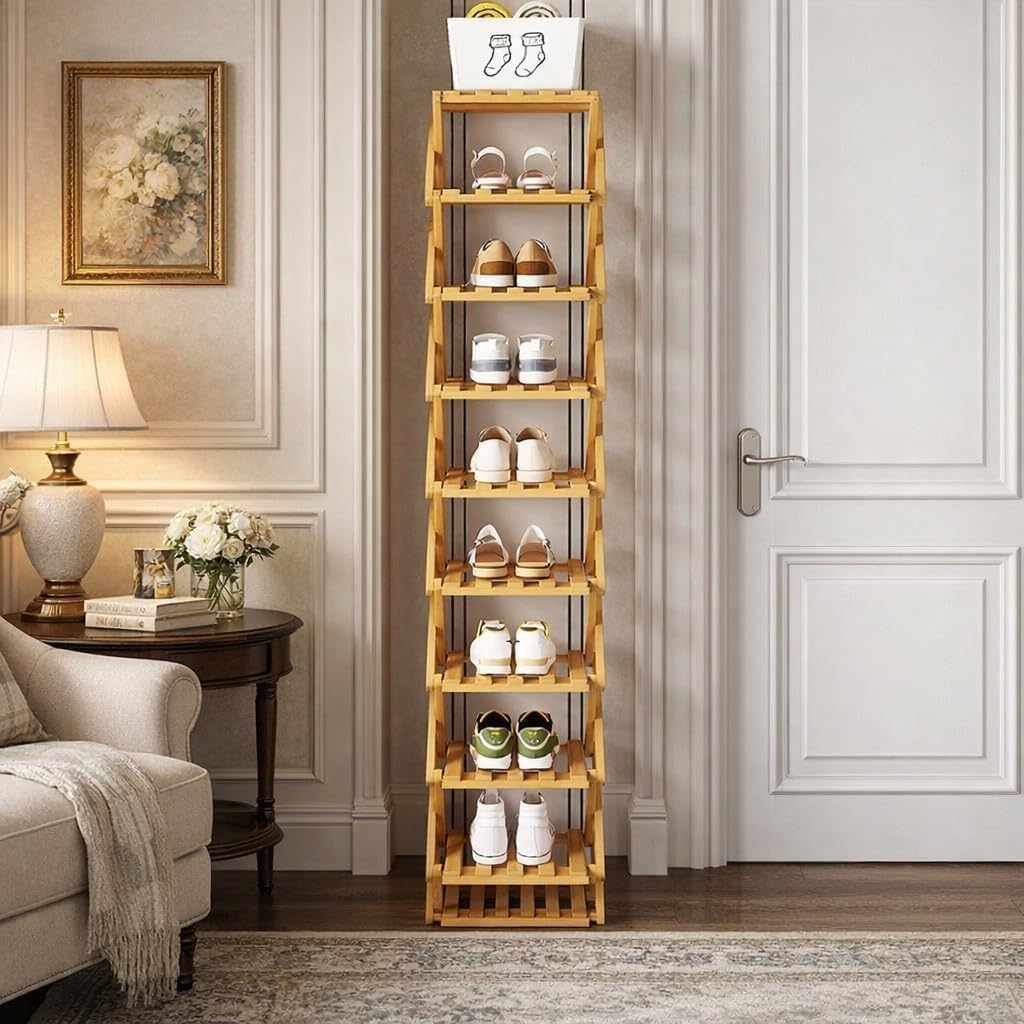 The 2/3/4/5/6/7-Tier No-Assembly Bamboo Rack, 2026 Upgraded Foldable 2/3/4/5/6/7 Tier Bamboo Corner Shoe Rack, Space-Saving Organizer for Shoes, No Assembly Narrow Shoe Shelf for Entryway Closet Dorm