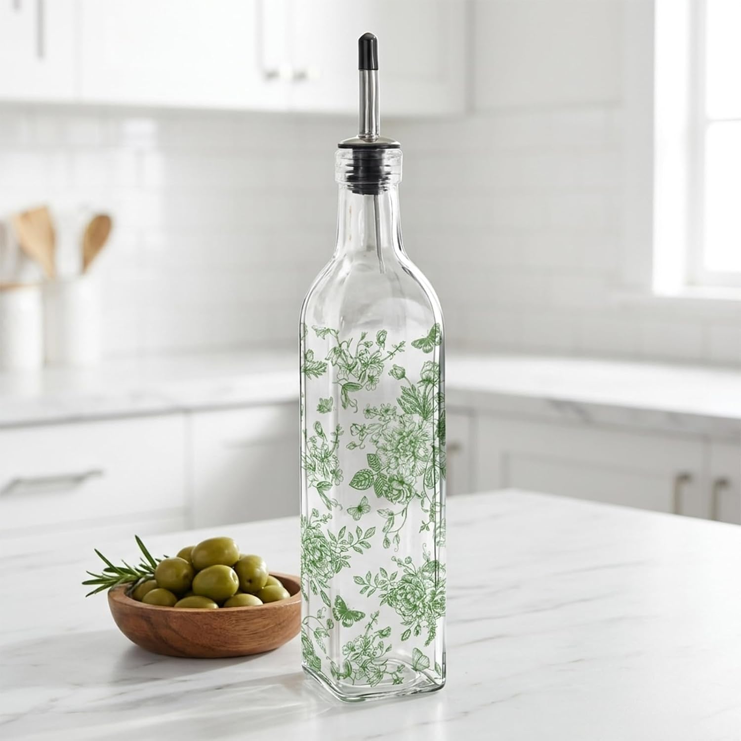 JarThenaAMCS Chinoiserie Olive Oil Dispenser Bottle Blue Floral Glass Cruet Bottle with Spout Cooking Vinegar Container for Home Kitchen Table Countertop Decor