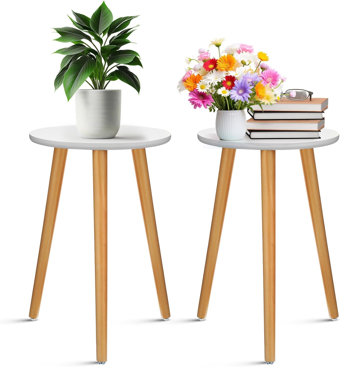 2 Pcs Wood Plant Stands Indoor Wooden Stool for Plants Mid Century Vintage Modern Flower Pots Holder Round Side Table End Table Plant Stools for Living Room Corner Balcony Decor(White)