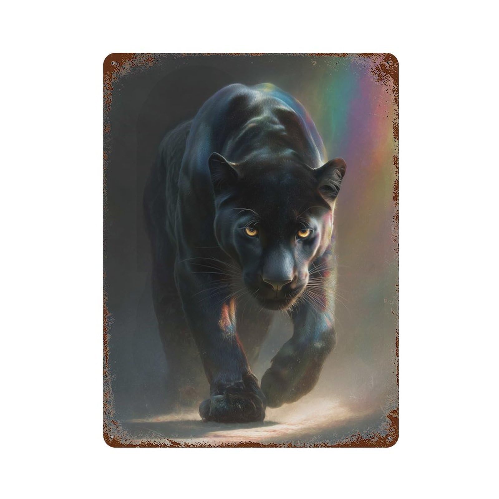 Rust Effect Panther with Rainbow Aged Metal Wall Plaque 15.7"x11.8", Rustic Home Decor for Bistro, Counter And Cafe Decor
