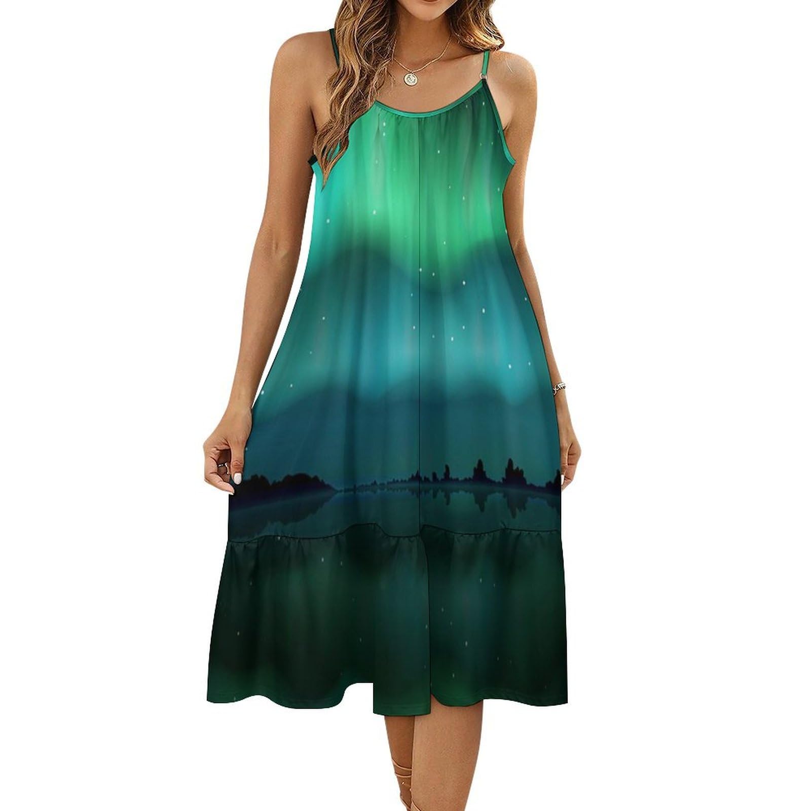 Northern Lights Aurora Borealis Women's Summer Dress Spaghetti Strap Sundress Casual Midi Dresses Beach Swing Tank Dress M