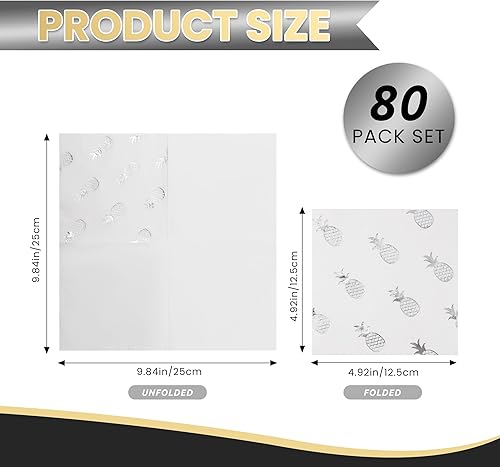 Miniatura 3 de Paquete de 80 servilletas de cóctel de papel blanco con patrón de piña de papel de aluminio plateado, suministros de fiesta (5 x 5 pulgadas, 3