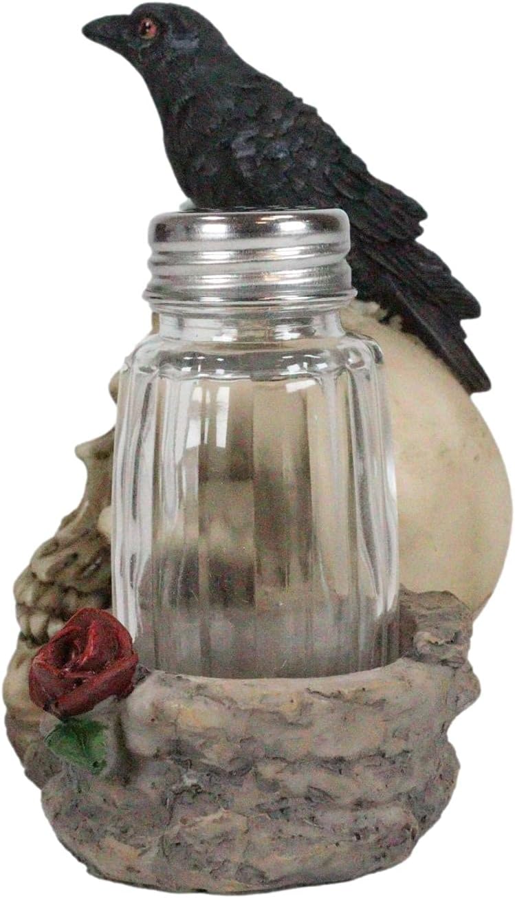 Ebros Day Of The Dead Raven Crow With Rose Skull Salt And Pepper Shakers Holder Figurine Set 6.25"L Halloween Graveyard Spooky Macabre Skulls Skeletons