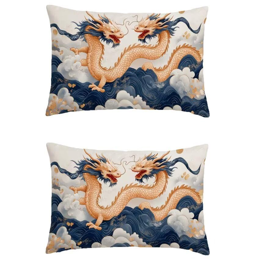 Housse coussin extérieur 50x70cm en lin étanche déco dragon double face