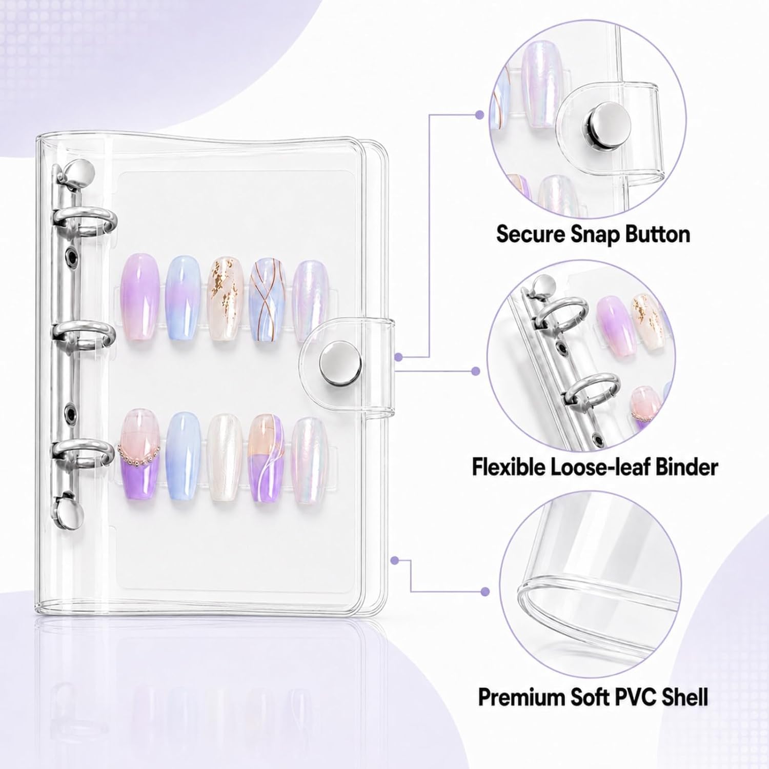 Mini Press-On Nail Storage Book for Travel, A8 Pocket-Size Portable Nail Organizer with 10 Replacement Display Boards, 32 Adhesive Strips, Clear PVC Pages, Silver image 2
