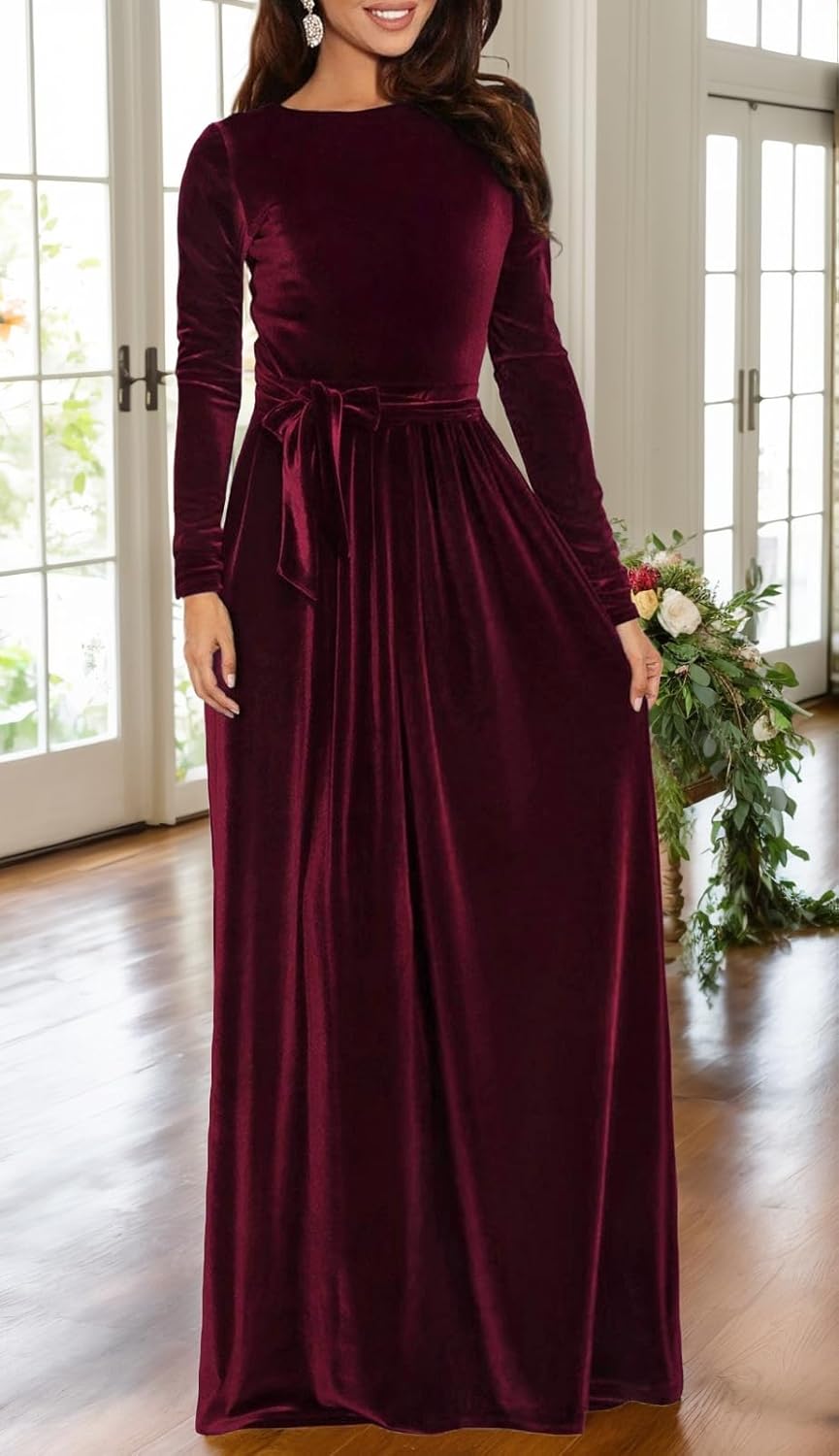 BestGirl Women's Velvet Maxi Dress Crew Neck Long Sleeve High Waist with Belt Cocktail Party Bridesmaid Dresses - Image 3