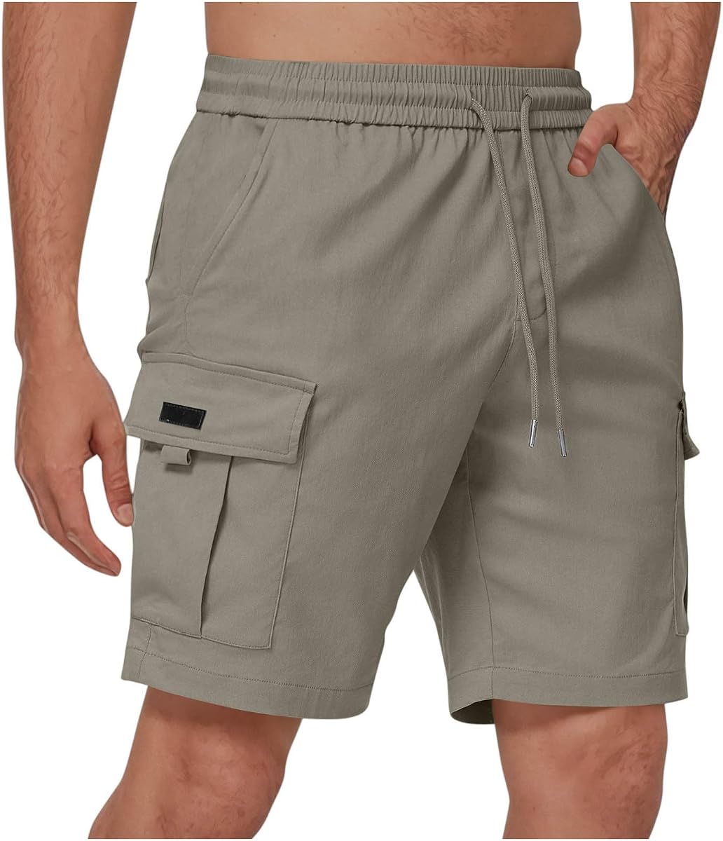 Mens Cargo Shorts Elastic Waist Running Hiking Bermuda Shorts Knee Length Casual Summer Clothes with Multiple Pockets