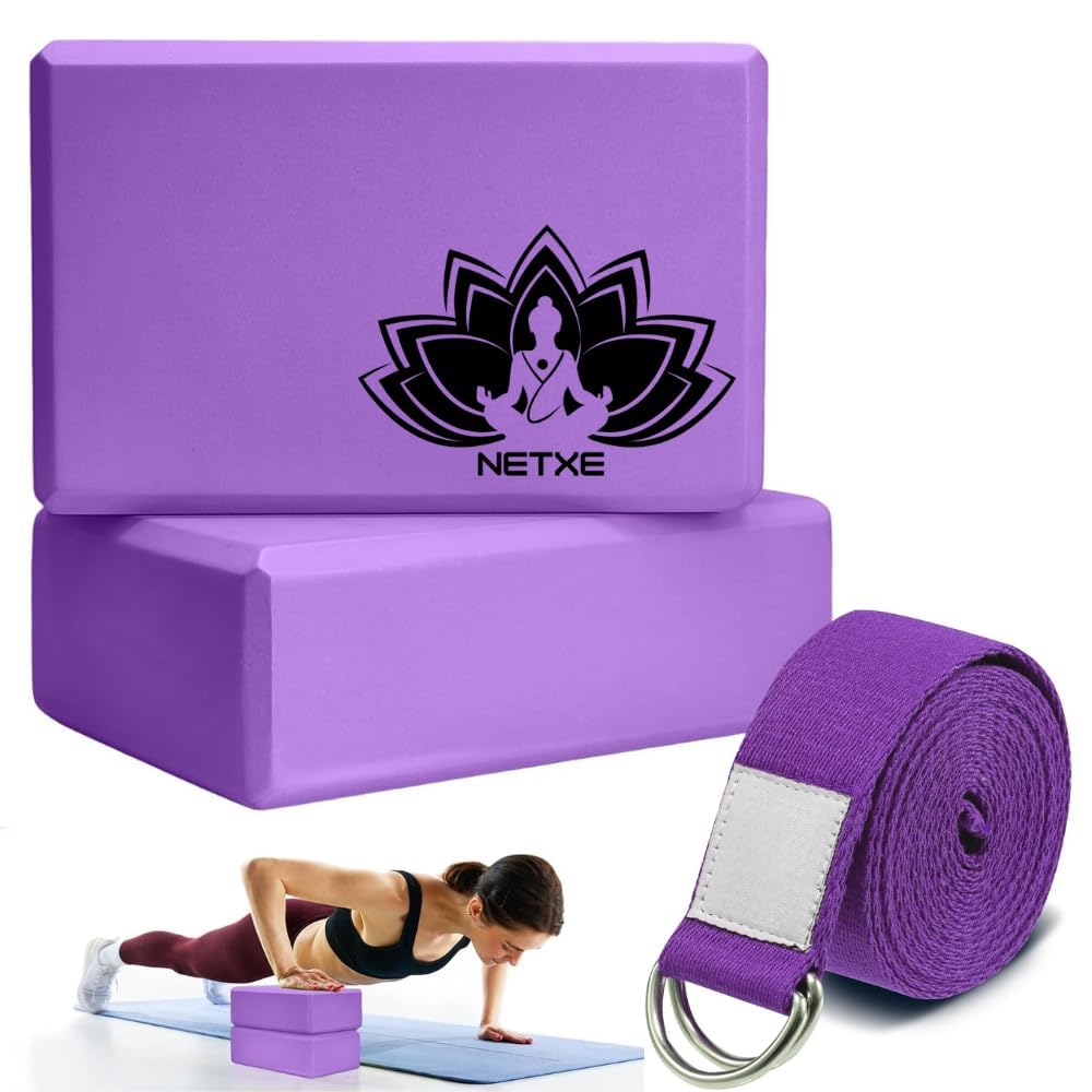 NETXE Yoga Blocks Set of 2 and Belt High Density Foam Yoga Bricks Pack of 2 for Stretching, Balancing Yoga Bricks, Yoga Block Premium Yoga Accessories for Women & Men Yoga Equipment with Strap