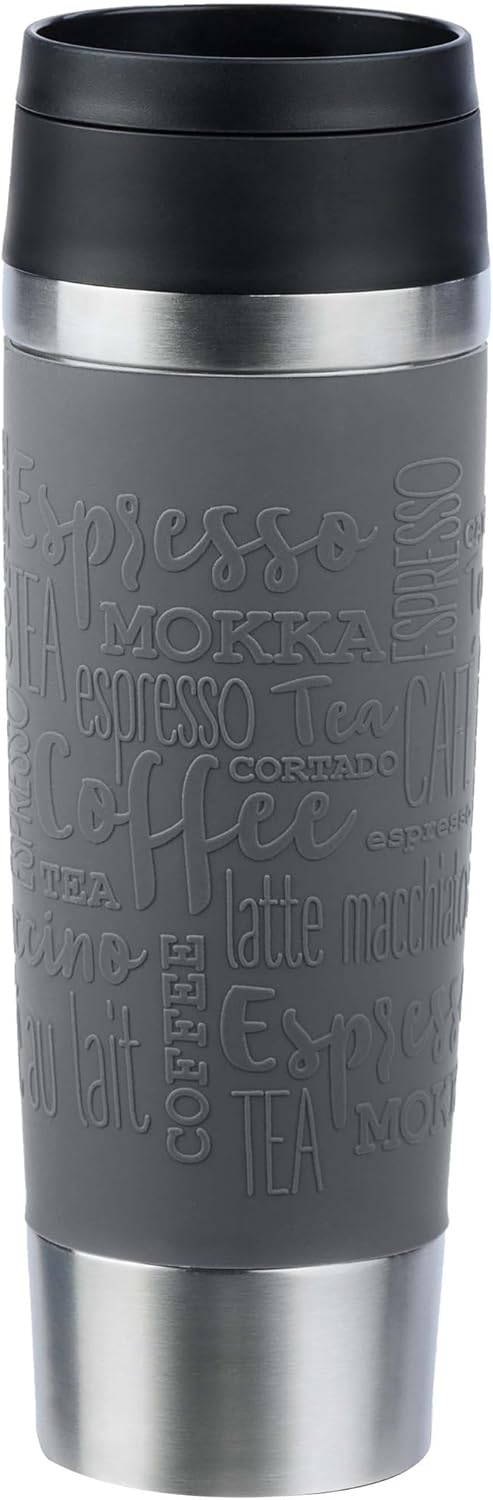 Emsa N20223 Travel Mug Classic Insulated Mug 0.5 Litres, Comfort Screw Cap, Stainless Steel, 6 Hours Hot and 12 Hours Cold, 100% Leak-Proof, Dishwasher Safe, 360° Drinking Opening, Dark Grey