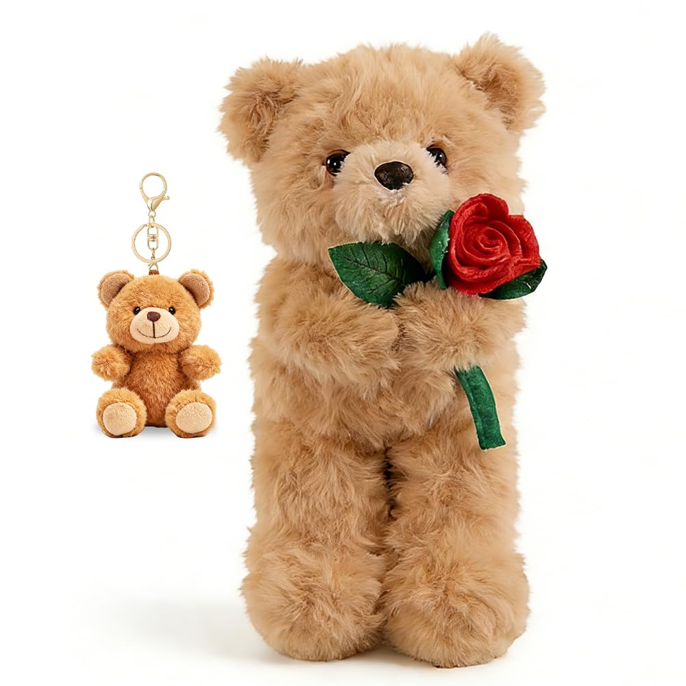 CYGMRFH Brown Bear Cuddly 30cm Stuffed Animal Bear Plush Doll with Rose Flower & Keychain for Girlfriend Valentine's Day, 12 inch Romantic Anniversaries Valentine Gift for Her, Home Office Decoration