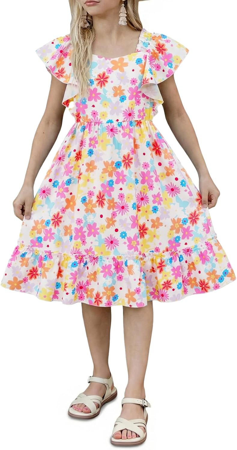 Haloumoning Girls Floral Summer Dress Kids Boho Ruffle Short Sleeve Square Neck Smocked Midi Dresses 5-14 Years