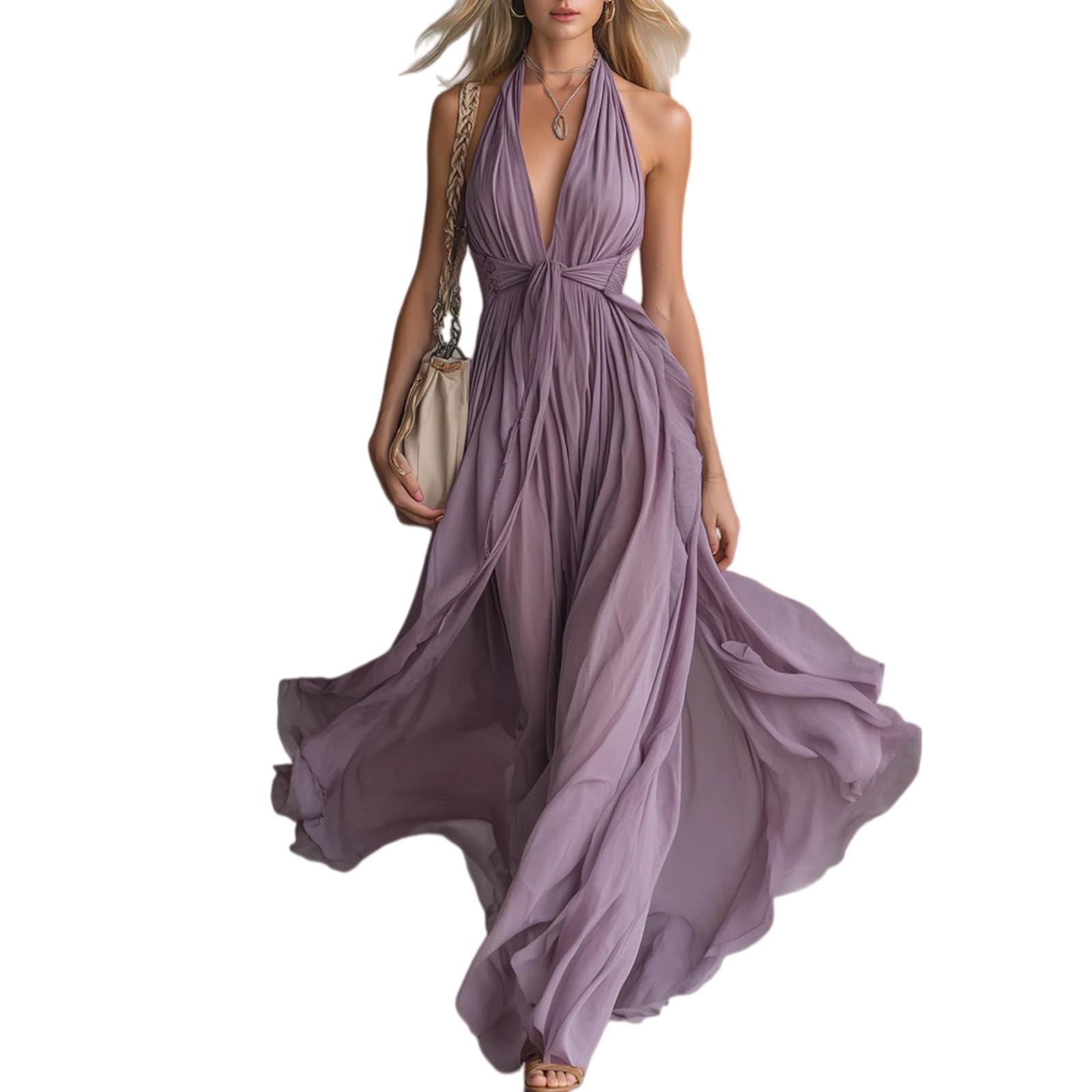 Vestito Donna Elegante Profondo V Collo Maxi Abito Senza Maniche Patchwork Estivo per Festa Serale-Green-s