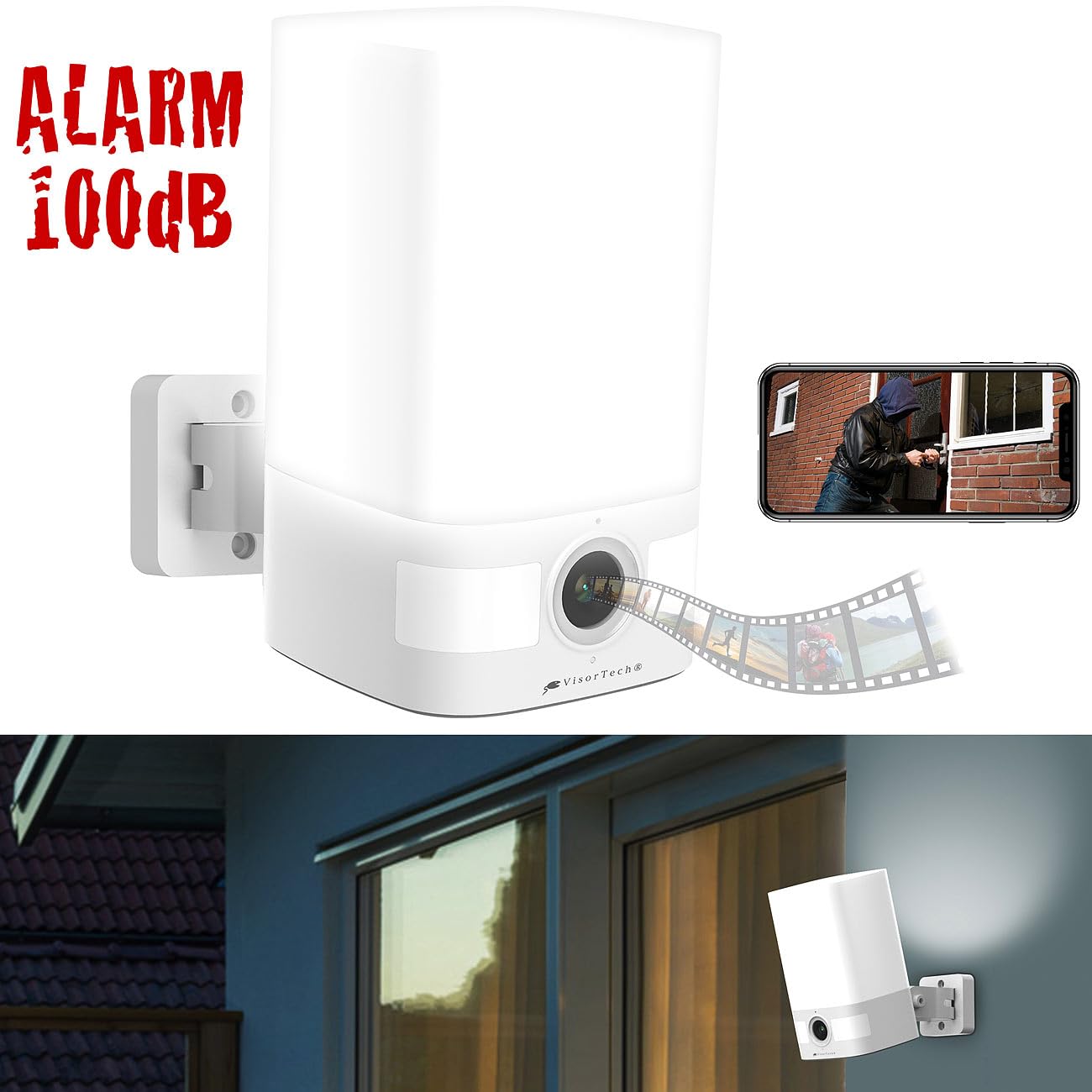 VisorTech wasserdicht: 2K-Akku-Überwachungskamera, LED-Licht 600 lm, Alarm, WLAN, App, IP65 (Überwachung Alarm Aufzeichnung, Überwachungskamera außen WLAN, PC)