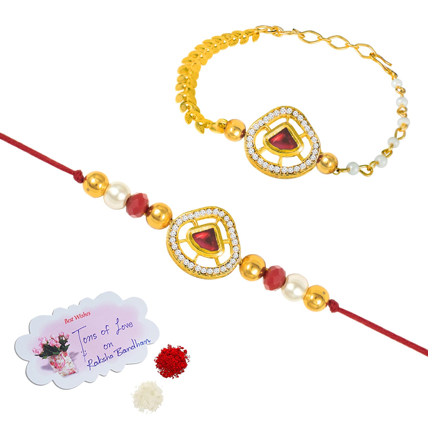 JFL - Jewellery for Less Elegant Raksha Bandhan Combo of Red Kundan Rakhi and Lumba Set for Bhaiya Bhabhi with Roli Chawal and Written Greeting Note.