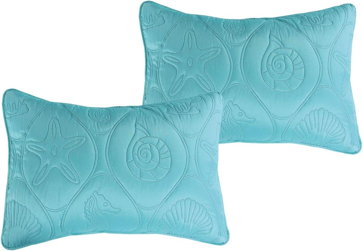 Legacy Decor 3 PCS Shell & Seahorse Stitched Pinsonic Reversible Lightweight All Season Bedspread Quilt Coverlet Oversize, Turquoise Color, King Size