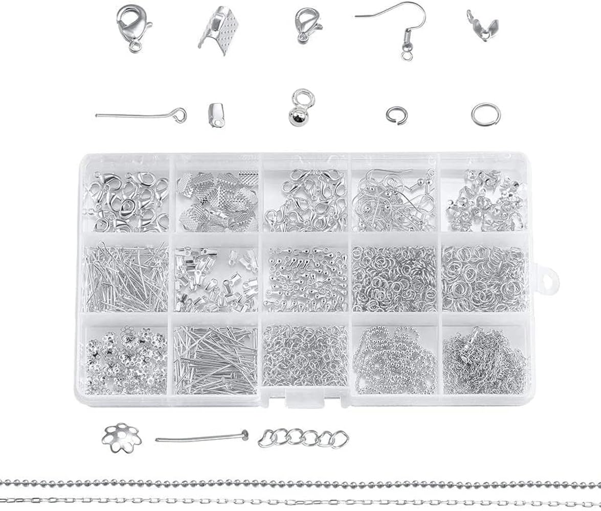JAUNTY Beadsnfashion Silver Plated Jewellery Finding Material Mix Box, Eyepins, Headpins, Ear Hooks, Bead Caps, Jumprings, Clasps Chains and Cord End for Jewellery Making and Crafts Work