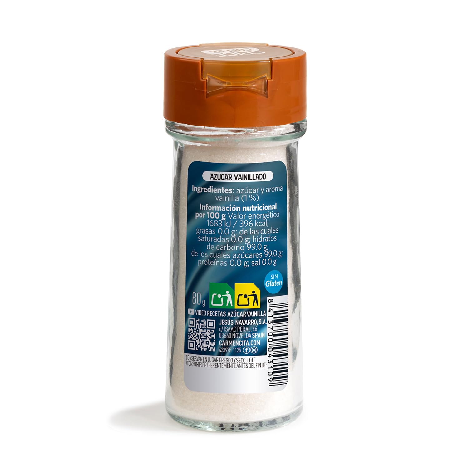 Carmencita Azúcar Vainillado Mezcla de Especias para Café Sin Gluten Tarro de Cristal 80 g