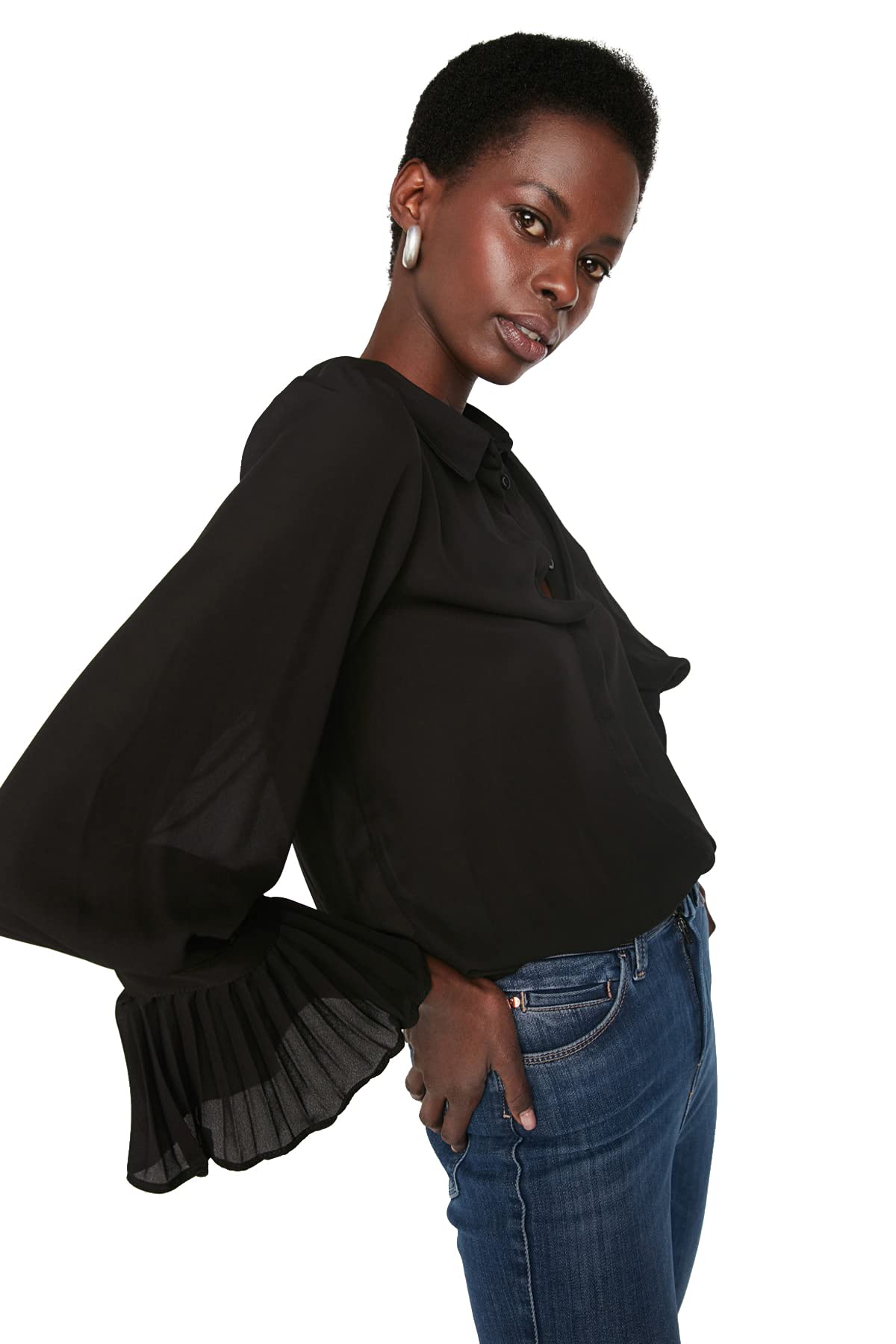 Trendyol Women Petite Regular Standard Shirt Collar Woven Shirt Black