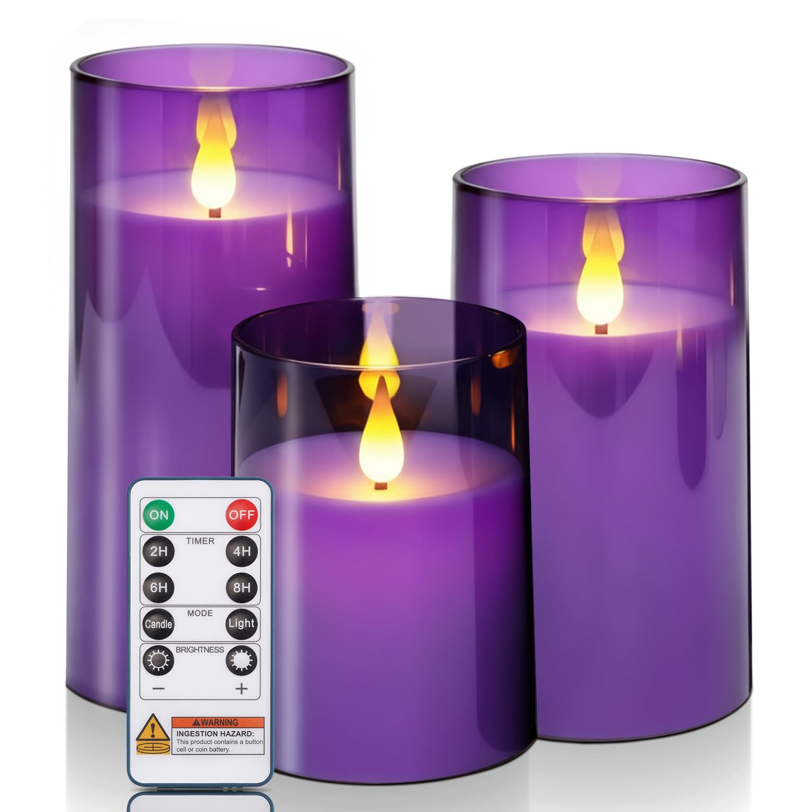 Homemory Purple Flameless Candles, Flickering Battery Operated LED Pillar Candles with Remote Timer, Acrylic Violet Fake Candles, Decorative Candles for Home Wedding Party Halloween Decor, Set of 3