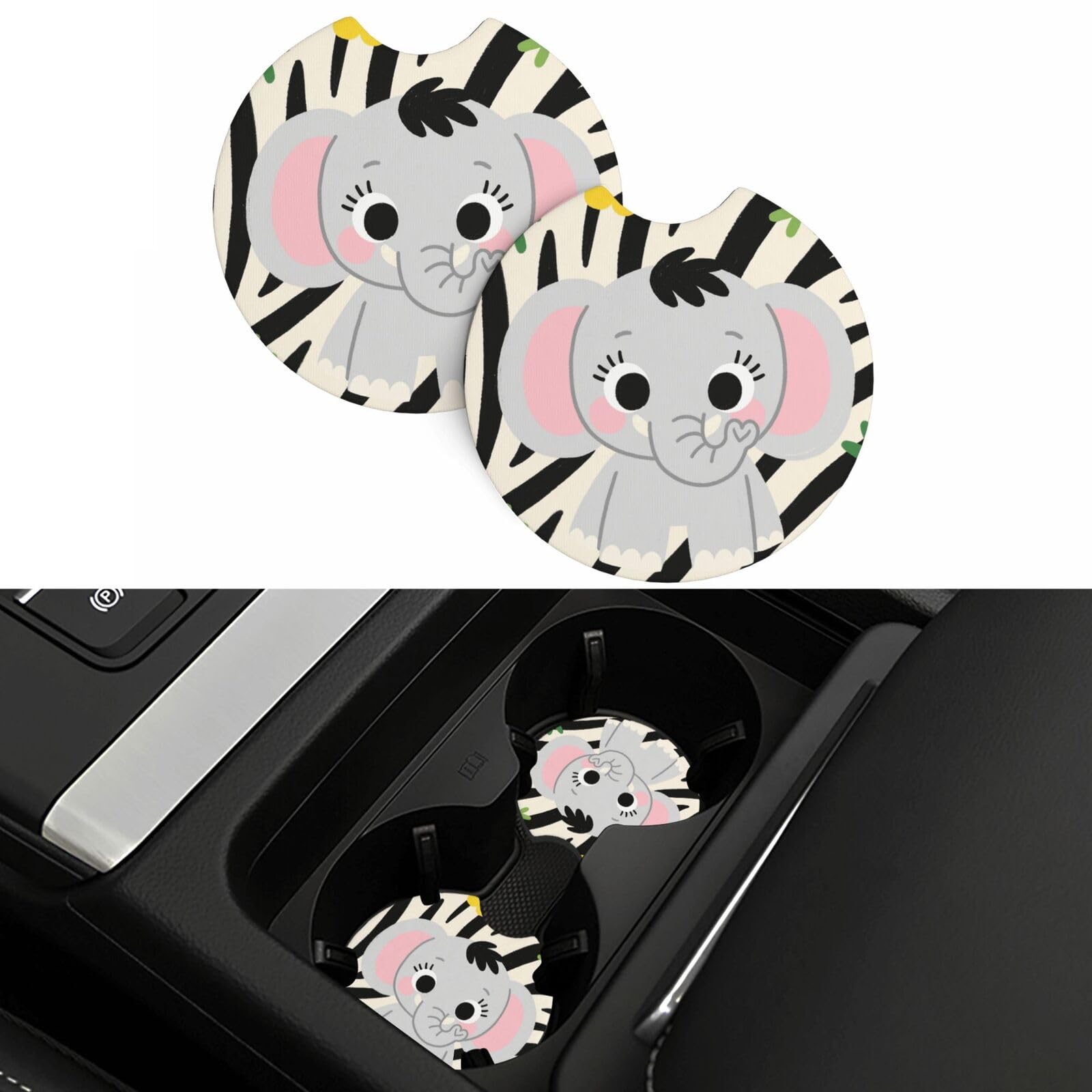 2 Pack Car Coasters,2.7" Universal Car Cup Holder Coasters Non-Slip Neoprene Cup Pad Mat Coaster Car Interior Accessories for Women Men Cute Elephants