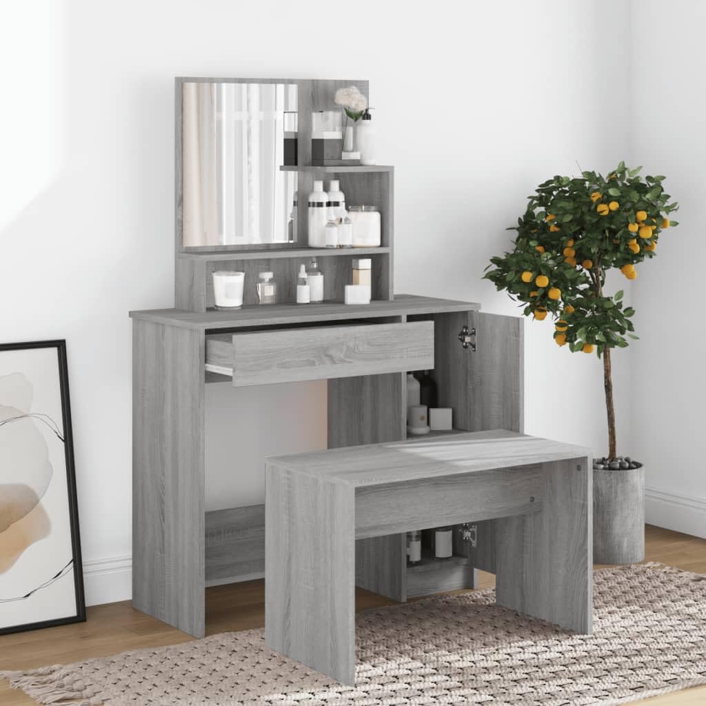 Toeletta trucco con specchio grigio Sonoma, tavolo vanità 86,5x35x136 cm in legno multistrato con cassetto, portaoggetti, consolle elegante per camera da letto e spogliatoio