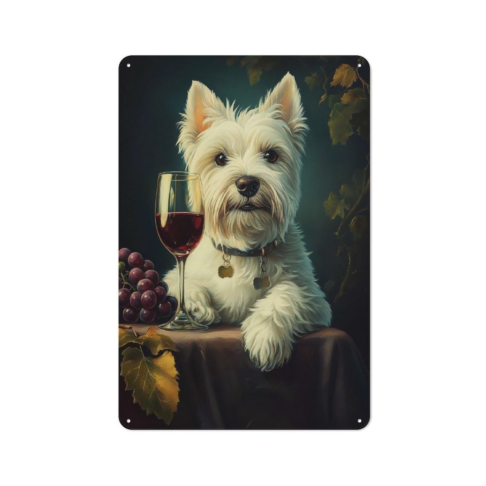 White Westie Enjoying Wine Rustic Metal Plaque 30x20cm for Lounge Or Reading Corner, for Garage, Workshop And Man Cave Decoration