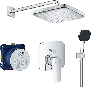 Grohe Duschsystem mit Unterputz Duscharmatur von Grohe Cubeo Regendusche mit Armatur, Duschkopf eckig, Wandarm Dusch-SET GK07 poliert