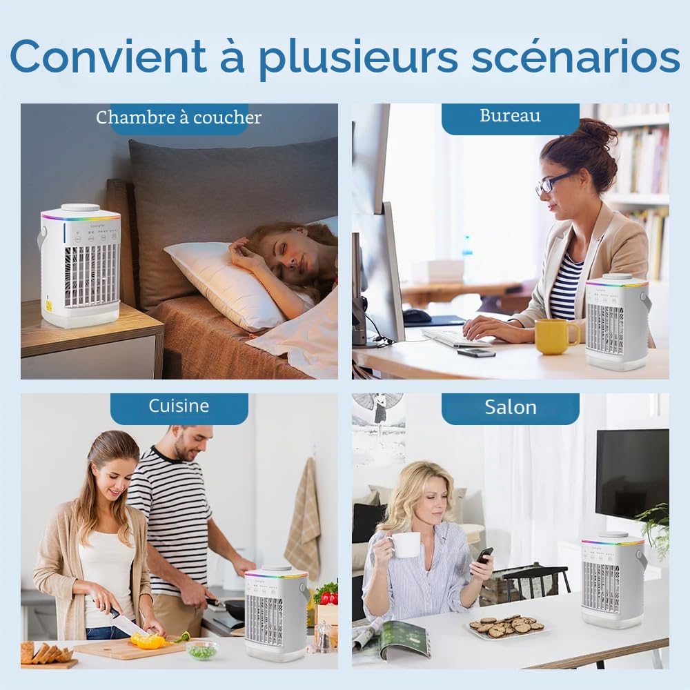 Mini Climatiseur Mobile Silencieux, 2 en 1 Mini Rafraichisseur d'air avec 4 Vitesses & 2 Brumes, 2-8H Timer, 7 LED,Petit Clim Mobile pour Chambre et Bureau(7W)