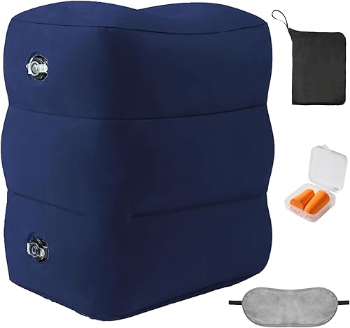 Vista 9 de Almohada inflable con reposapiés para viajes, altura ajustable, con máscara para los ojos y tapones para los oídos para niños y adultos en avión