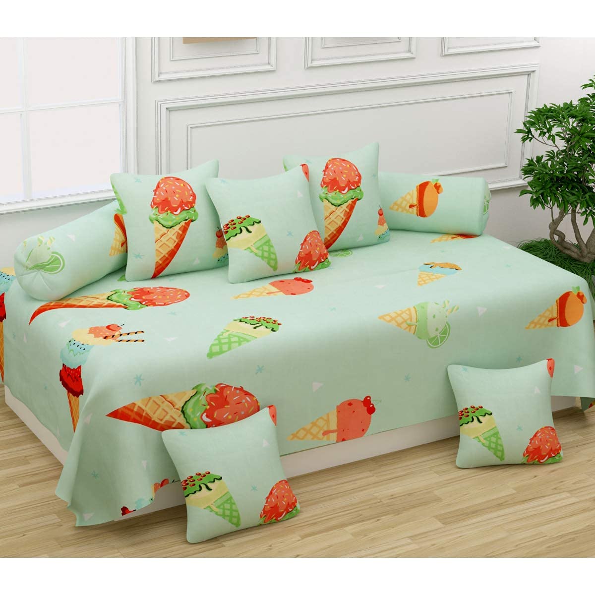 SIMRITA Poly Cotton 8 Piece Kids Diwan Set Including 1 Bedsheet, 5 Cushion Covers and 2 Bolster Covers,-picture-31