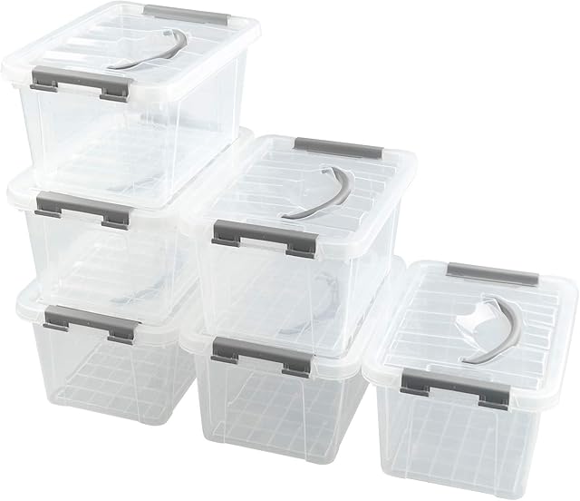Farmoon 5L Plastic Storage Boxes, Clear Latching Container with Lid and Grey Handle, 6 Packs