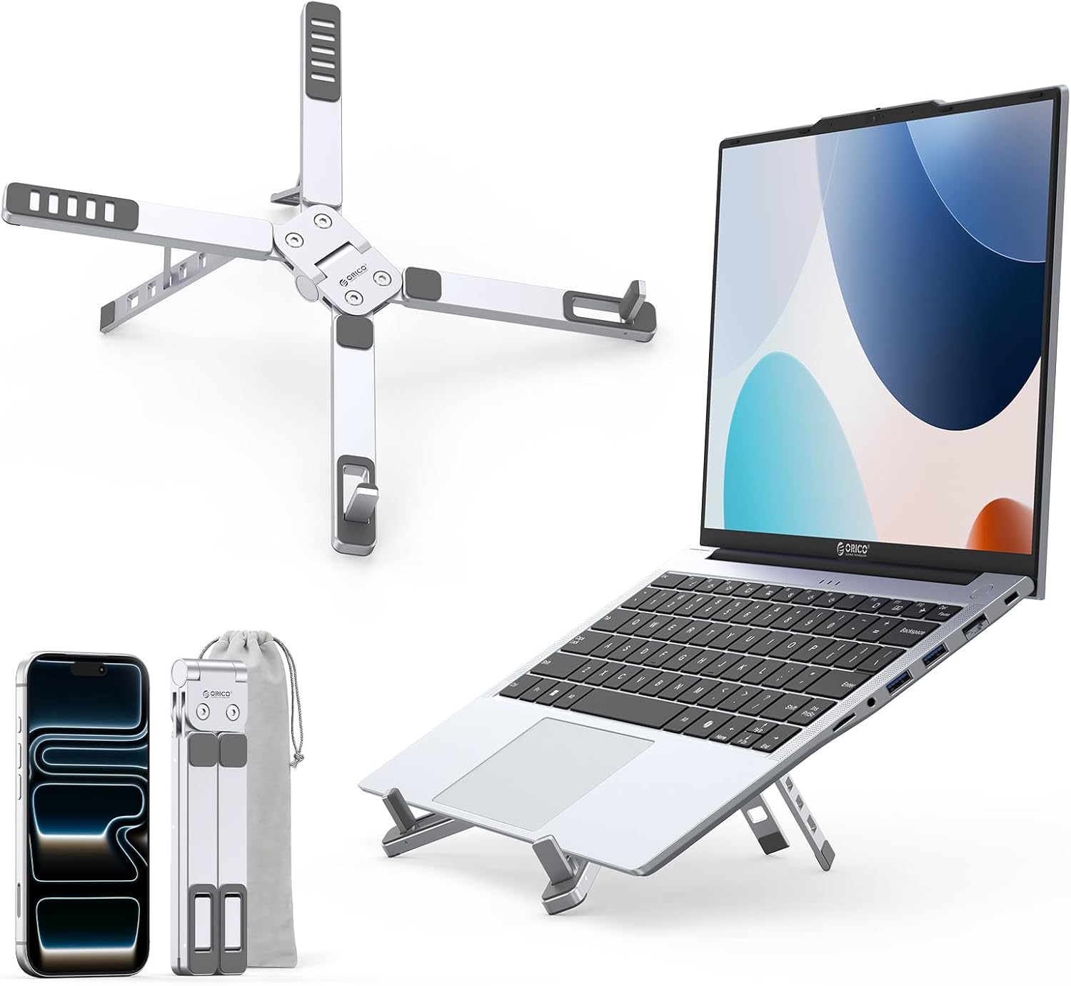ORICO Portable Laptop Stand for Travel & Desk, Ultra-Compact Foldable Aluminum 3-in-1 Riser for Laptop, Tablet & Phone, 5 Adjustable Heights, Compatible with MacBook/HP/Dell/iPad/iPhone – PN1 (Silver)