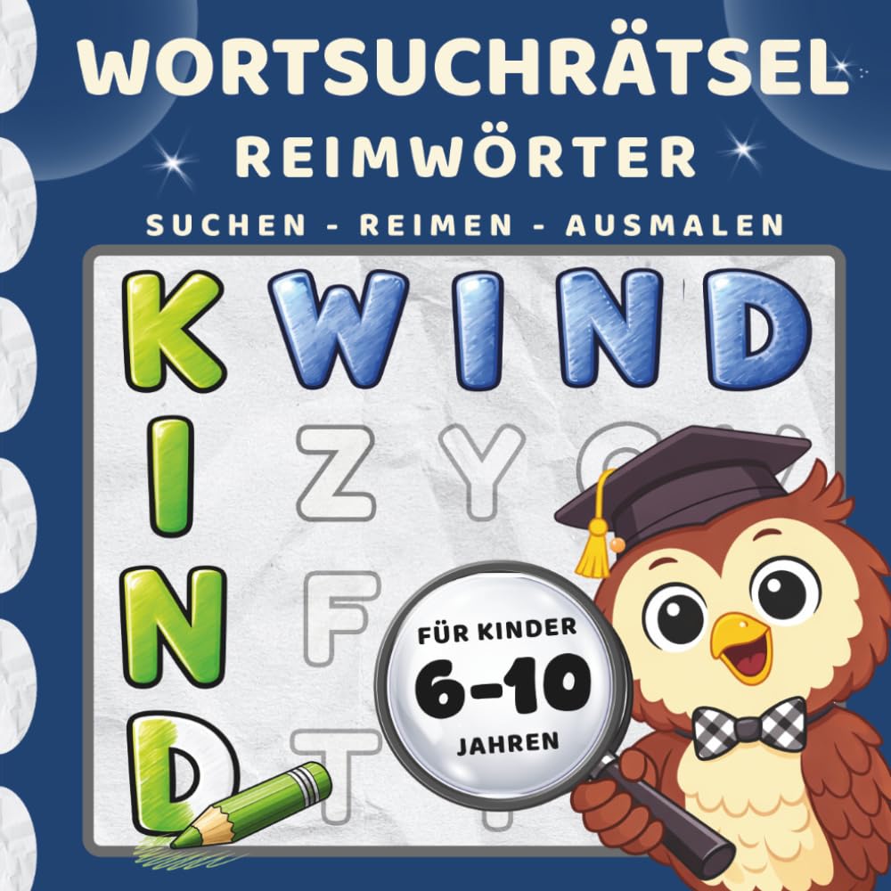 Wortsuchrätsel für Kinder 6-10 Jahren: Reimwörter, 50 Rätsel mit großer Schrift, steigender Schwierigkeit und Lösungen, Rätselbuch für Grundschulkinder, Mädchen & Jungen